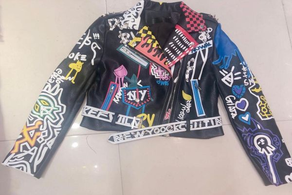 

leather jacket women graffiti colorful print biker jackets and coats female streetwear faux pu jacket ladies outerwear clothes w896310312, Black