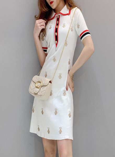 

elegant knit dress 2019 turn down collar short sleeve bee embroidery knit short mini dress casual straight black white1610510, Black;gray