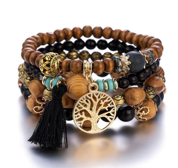 

tree of life charms bracelets fashion boho design tassel wooden beaded bracelet bangles women gifts bohemian multilayer elastic br5542011, Golden;silver