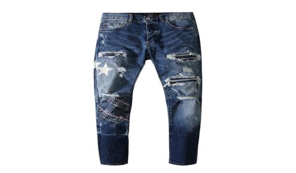 

mens jeans star design paste cloth frosted hole dark blue trend5778926