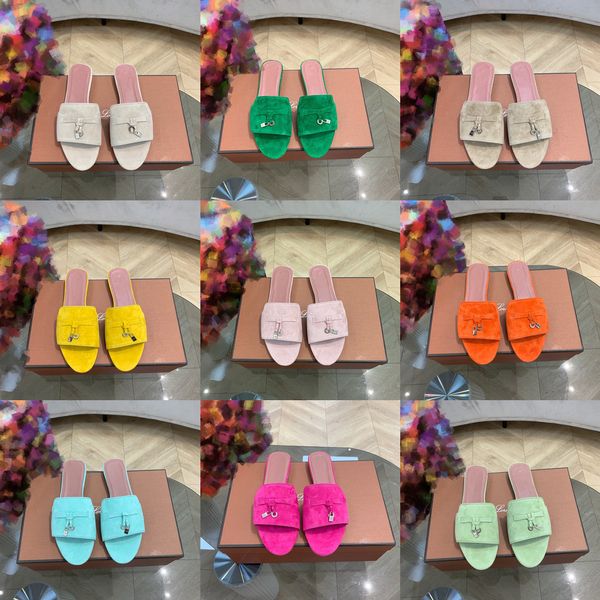 

2023 loro pianan sandals lp summer charms slipper lp piana embellished suede leather lambskin slippers designers luxury flats heels for wome, Black