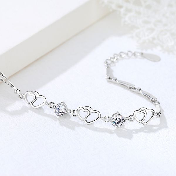 

s999 heart to heart buckle foot silver bracelet women's heart to heart shape buckle japanese and korean version first jewelry accessori, White