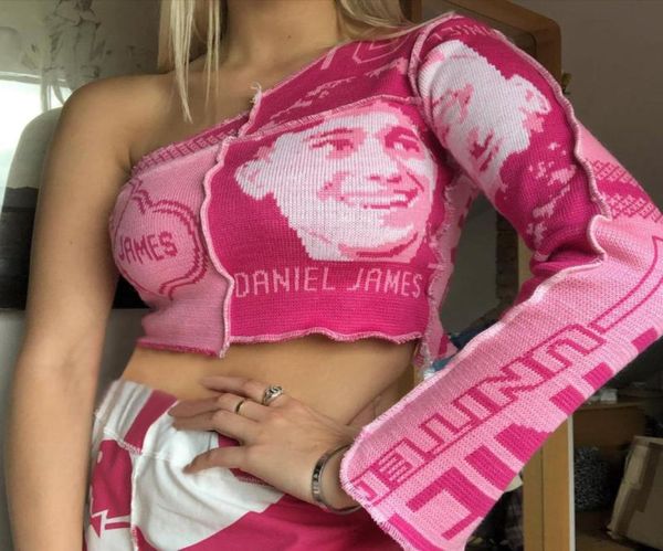 

one shoulder pink print knitted sweater women high street long sleeve casual pullover female 2021 spring jumpers women039s swea4566799, White;black