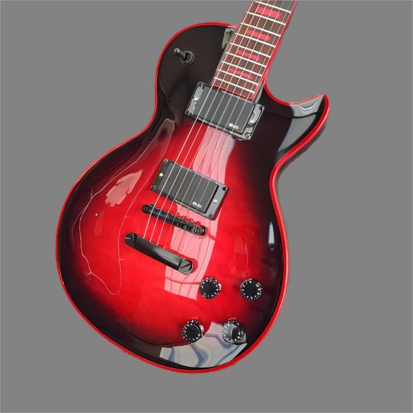 

custom electric guitar, mahogany, large flower, red logo and binding, red pearl inlay, black emg cartridges and accessories, st2