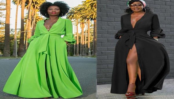 

runway maxi dress women long party dresses evening wear f0222 big split hem deep v neck long sleeve4443173, Black