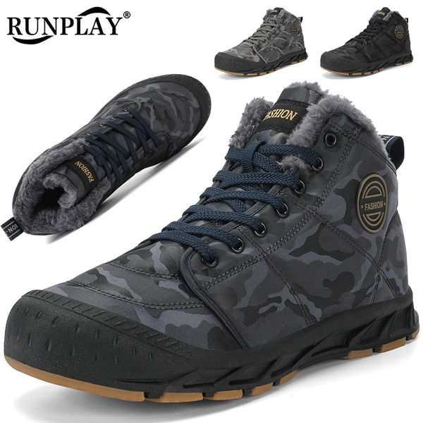 

dress shoes men winter snow boots warm plush cotton shoes waterproof high ankle boots outdoor non-slip hiking shoes big size sports sneakers, Black