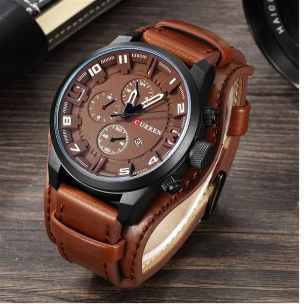 

curren 8225 men's casual sport quartz watch mens watches quartz-watch leather strap military watch wrist male236g, Slivery;brown