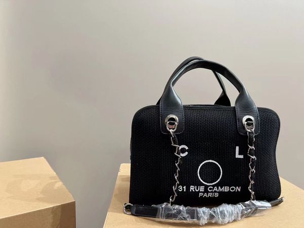 

fashion womens beach bag shoulder bag canvas designer bag shopping bag with chain luxury handbag linen pearl print crossbody bag travel bag