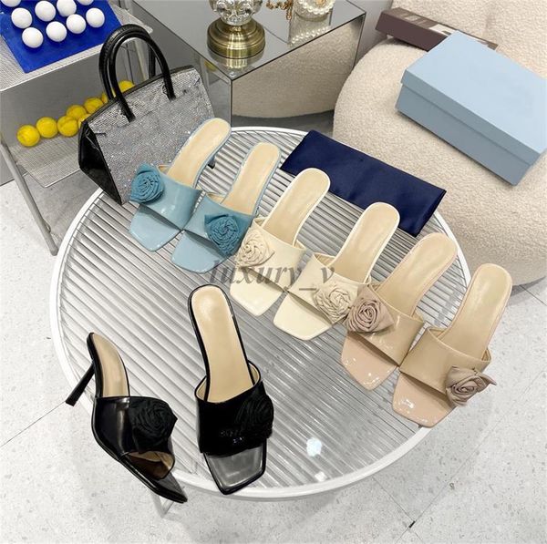 

designer women slippers chunky high heels luxury flower decoration solid color slides summer party mules elegant lady scuffs, Black