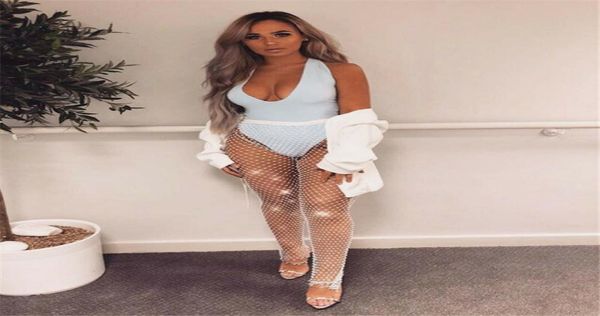 

crystal diamond shiny women pants elastic fishnet long trousers see through mesh transparent pants elegant vintage9712977, Black