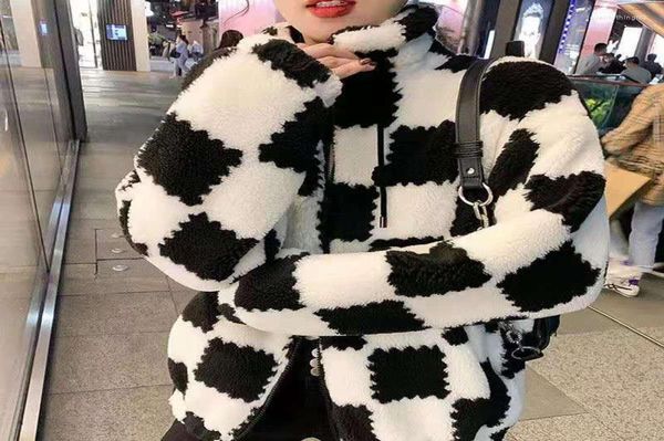 

women039s fur winter korean version black and white checkerboard imitation lamb wool coat women39s short stand collar6726908