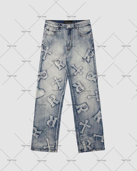 

men's jeans european and american letter embroidery high waist oversized jeans men y2k punk retro washed loose straight wide leg pants, Blue
