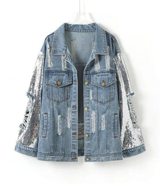 

women039s jackets spring sequins long sleeve denim jacket oversized hole women basic coat fashion loose ladies jeans windbreake8217676, Black;brown