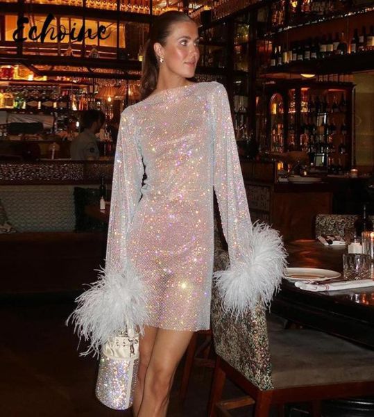 

casual dresses cocktail dress feather sequined long sleeve party celebrity prom gowns women club seethrough sequins shinning vest8227947, Black;gray