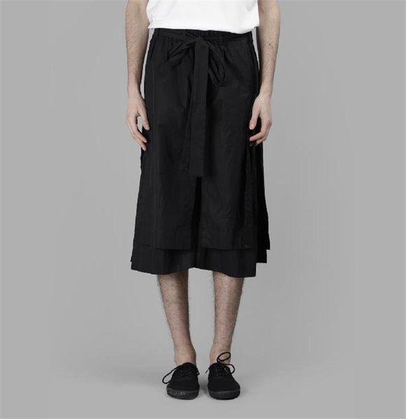 

men039s shorts multilayer streamer irregular niche design skirt hem japanese lace sevenpoint tie wide leg pants2105731, White;black