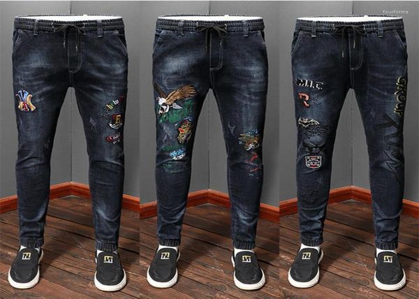 

men039s jeans everyday 2022 four seasons models all year round elastic band waist embroidery youth men039s trousers1124546, Blue