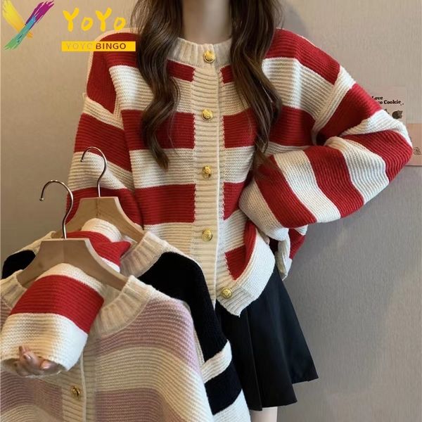 

women's knits tees yoyo bingo color block large stripe long sleeve cardigan sweater casual women loose knitted 2023 autumn winter 23082, White