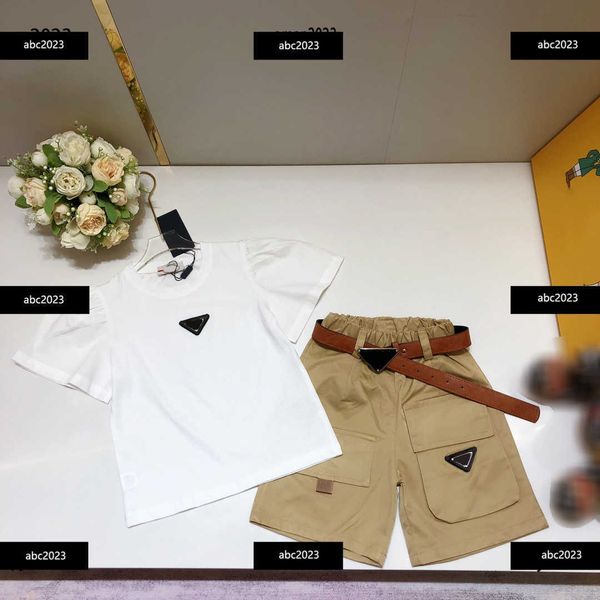

new tracksuits kids designer clothes t-shirt set size 110-160 cm 2pcs petal sleeve single breasted shirt and fashion belt shorts may10, White