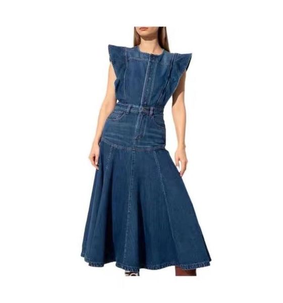 

2022 spring and summer tide brand dress dark blue denim ruffle fly sleeve dress6490347, Black;pink