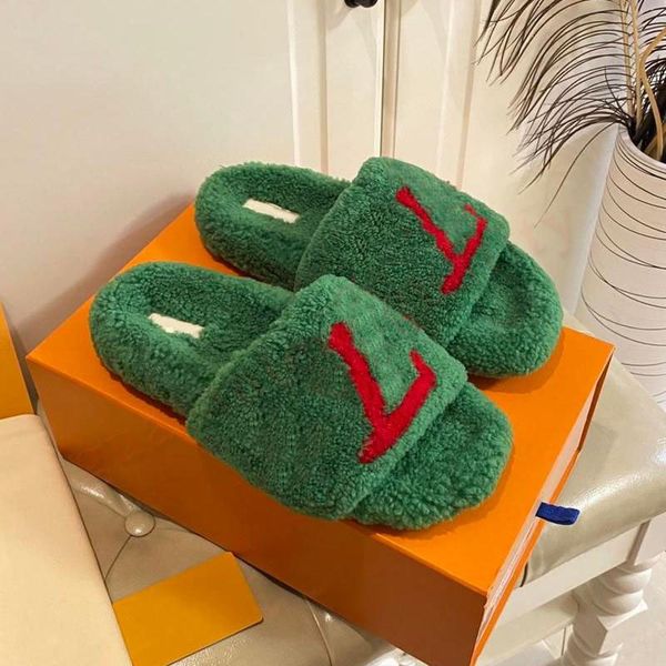 

2023 designer womens fluffy slippers fur slides warm letters brand woman loafers shoes flat slider comfort mule wool fuzzy slipper on pink c, Black