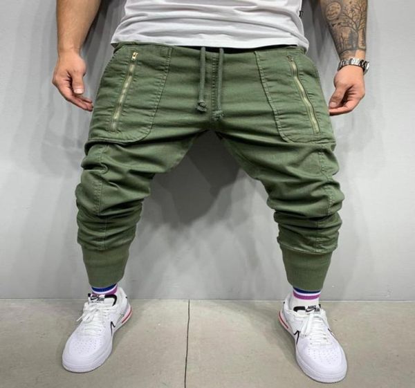 

multipocket cargo pants men039s zipper harem green men drawstring jogging stretch pencil streetwear1047787, Black