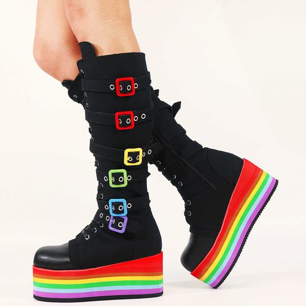 

boots brand big fashion gothic rianbow platform buckles zipper colorful large quality motorcycle boots woman shoes 230821, Black