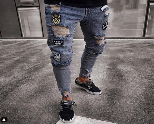 

men stylish ripped jeans biker slim straight frayed denim trousers fashion skinny pants8580297, Blue
