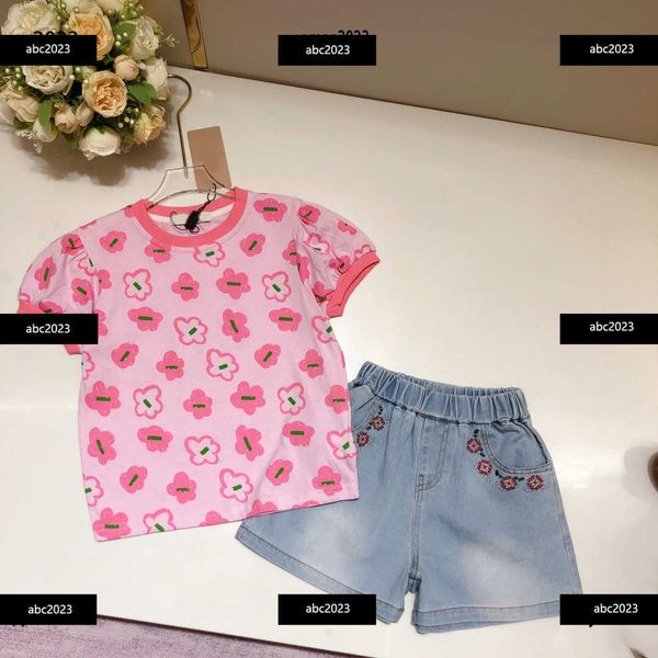 

new summer tracksuits kids designer clothes shorts set size 90-130 cm 2pcs flower printed t-shirt and embroidered denim shorts may10, White