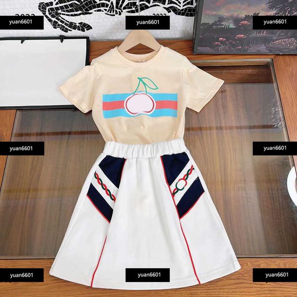 

luxury kids designer clothes child sets baby products 2pcs round neck t-shirt and fried dough twists weaving design skirt new arrival, White