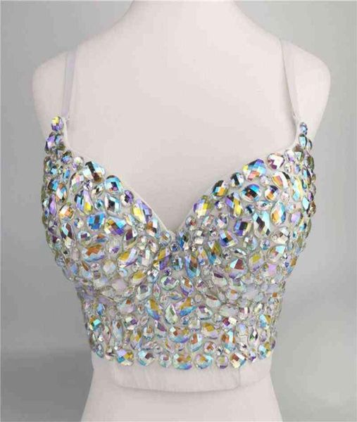 

women ab colored rhine bustier crop spaghetti strap push up jewelry bralette glitter club party corset bra vest y2203083311396, White