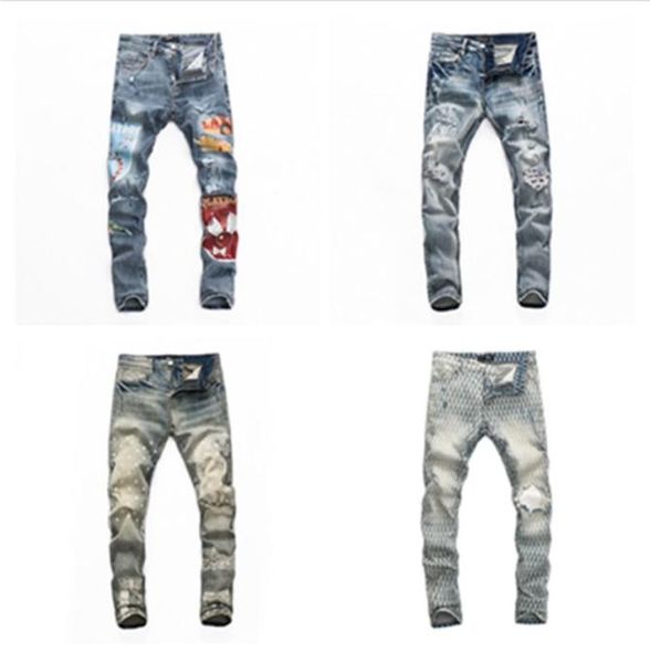 

men039s jeans distressed ripped biker pants slim fit motorcycle denim pant mens designer jeans size 28401853616, Blue