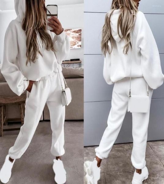

women039s two piece pants 1 set hoodie women hooded drawstring solid color long sleeve sports sweatshirt pockets trousers casua4294785, White