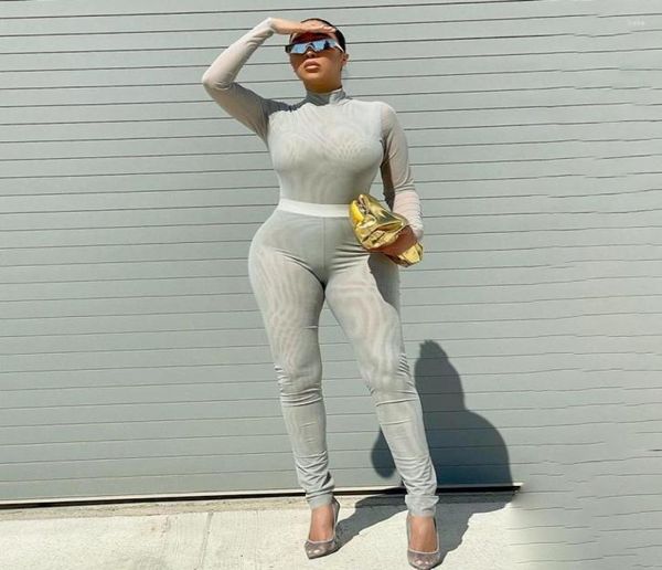 

women039s two piece pants women set mesh sheer outfits pant suits solid color long sleeve stand collar bodysuit trousers t4436144, White