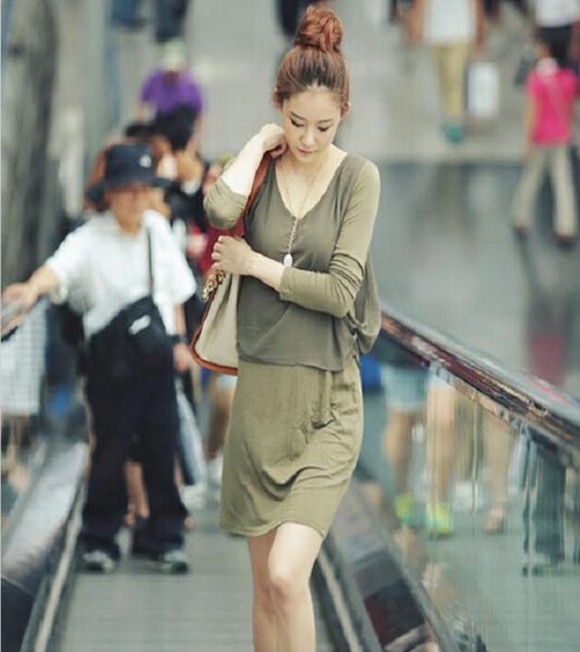 

new spring autumn women fashion style simulation ii dresses slim vneck solid color long sleeve chiffon splice casual dress army g3496100, Black;gray