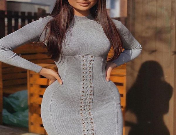 

women bodycon dress autumn long sleeve dresses lace up mini dress ladies sweater dresses female knit dress 0509024207685, Black;gray