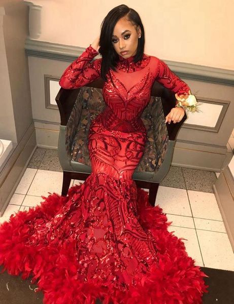 

party dresses long sparkly prom 2021 high neck sleeve sequin african black girl red feather dress2133737, White;black