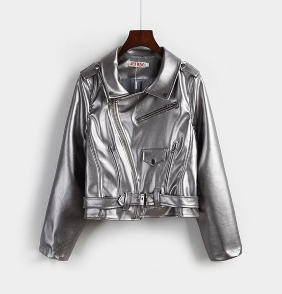 

women punk cool style jacket short pu leather coat turndown collar silver more pockets and more zipper jacket outwear4340267, Black;brown