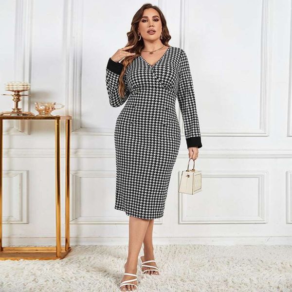 

style casual v neck houndstooth color long sleeve dress, Black;gray