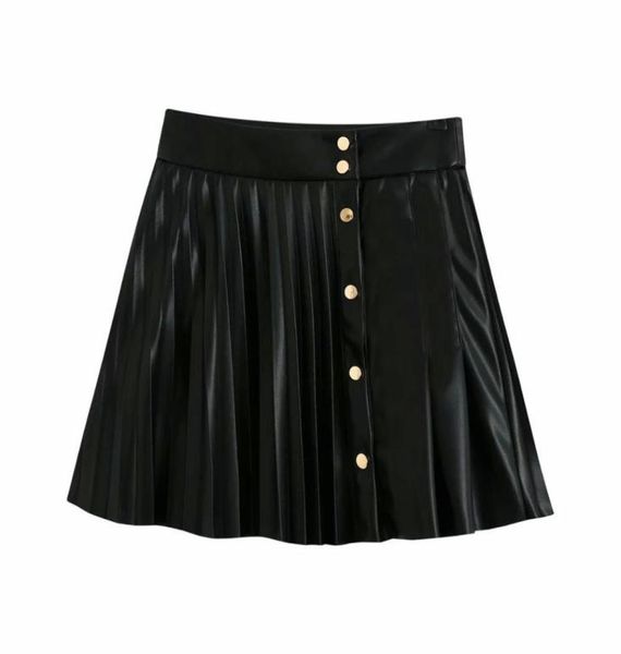 

2021 women skirt faux leather pleated mini skirt metal snapbutton highwaist stylish casual female skirts ropa mujer falda6610047, Black