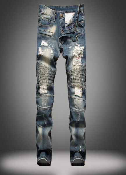 

men fashion designer ripped biker jeans slim fit denim pants distressed joggers washed pleated blue jeans277b4177620
