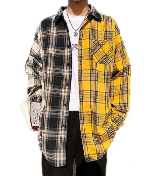 

korean plaid shirts for men fashion patchwork long sleeve casual shirt hip hop streetwear man blouse3037727, White;black