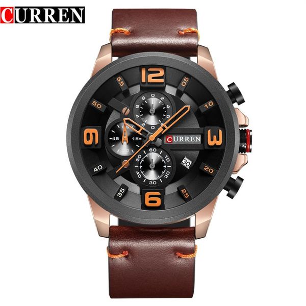 

luxury brand curren new fashion sports wristwatch leather strap chronograph male clock calendar casual men watches310h, Slivery;brown