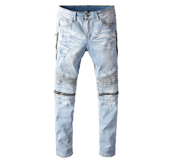 

men039s light blue bandanna paisley printed patchwork biker jeans streetwear zippers stretch denim skinny pants7404050