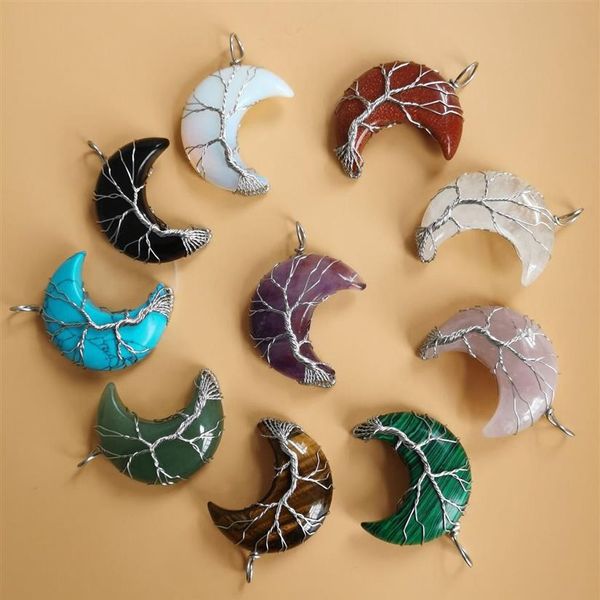 

10pcs lot tree of life crescent moon shape pendant silvertone wire wrap natural gemstones healing crystal women necklace251z, Silver