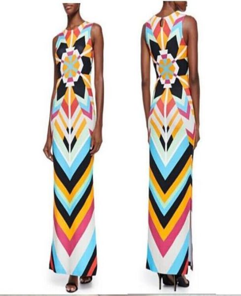

new arrival high street fashion designer dress ladies039 sleeveless charming geometric print luxurious brands jersey silk maxi 4739951, Black