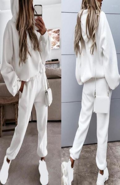 

women039s two piece pants 1 set hoodie women hooded drawstring solid color long sleeve sports sweatshirt pockets trousers casua3487209, White