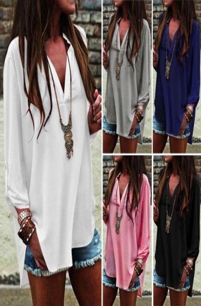 

women chiffon blouse shirts casual summer v neck european irregular pleated 34 sleeve plus size s 5xl fashion 3955632, White