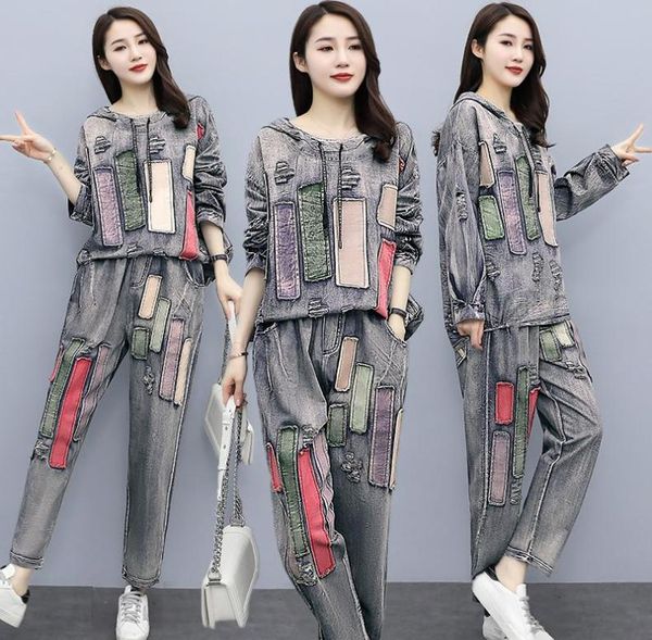 

autumn female character printed hooded fleece hole haroun jeans twopiece sets women039s vintage denim sweatshirts two piece p3616528, White