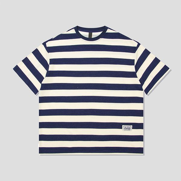 

men's polos 2023 summer japanese casual 260g heavy tshirt blue and white stripe stitching allmatch shortsleeved 230821, White;black