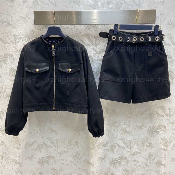 

women denim suit fashion two piece set long sleeves round collar patchwork leather pocket jacket belted casual shorts stylish and handsome d, White
